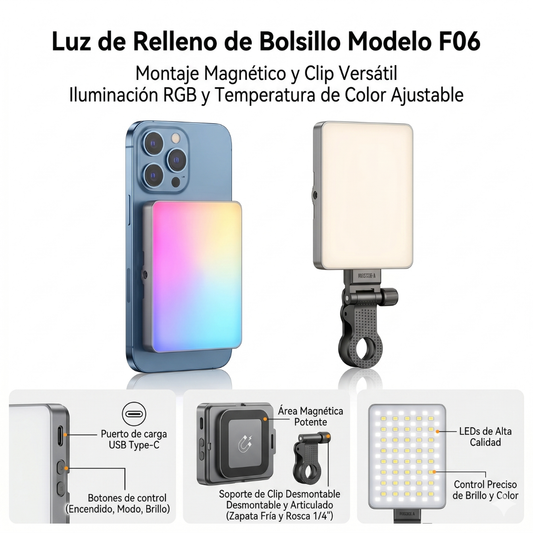 Luz LED RGB F06 Recargable USB-C Clip Ajustable