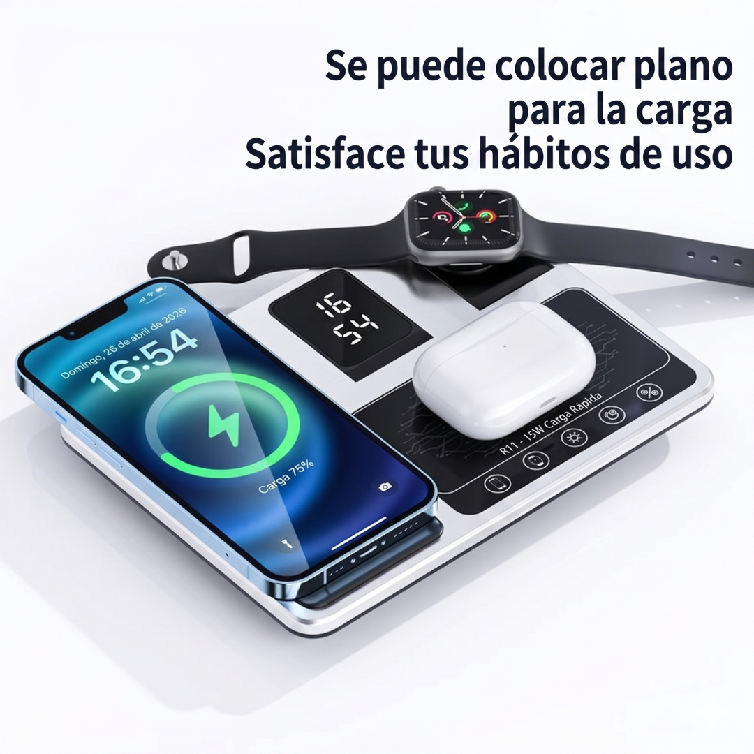 Cargador Inalámbrico 4 en 1 R11 Carga Rápida 15W con Reloj LED