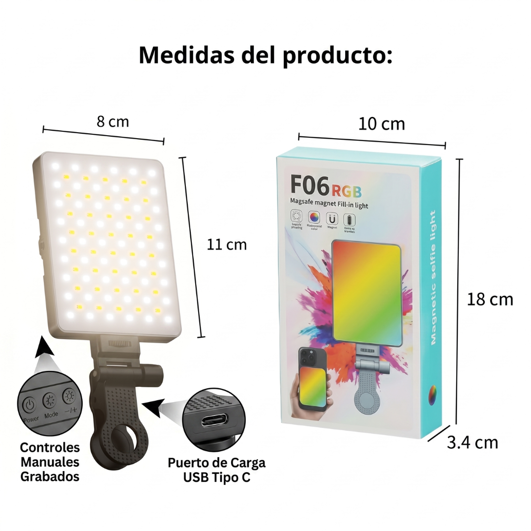 Luz LED RGB F06 Recargable USB-C Clip Ajustable