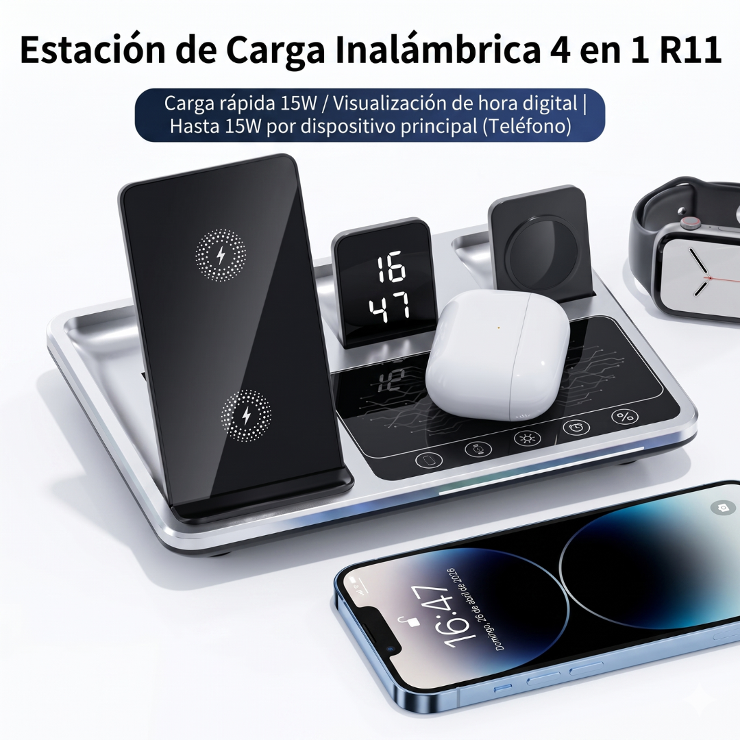 Cargador Inalámbrico 4 en 1 R11 Carga Rápida 15W con Reloj LED