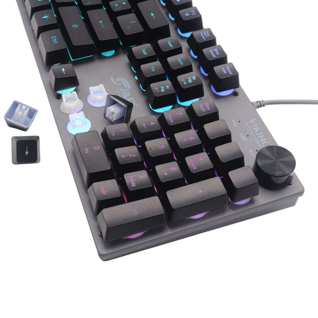Teclado Gamer J&R Viking Pro RGB Metálico Semi Mecánico con Perilla de Volumen