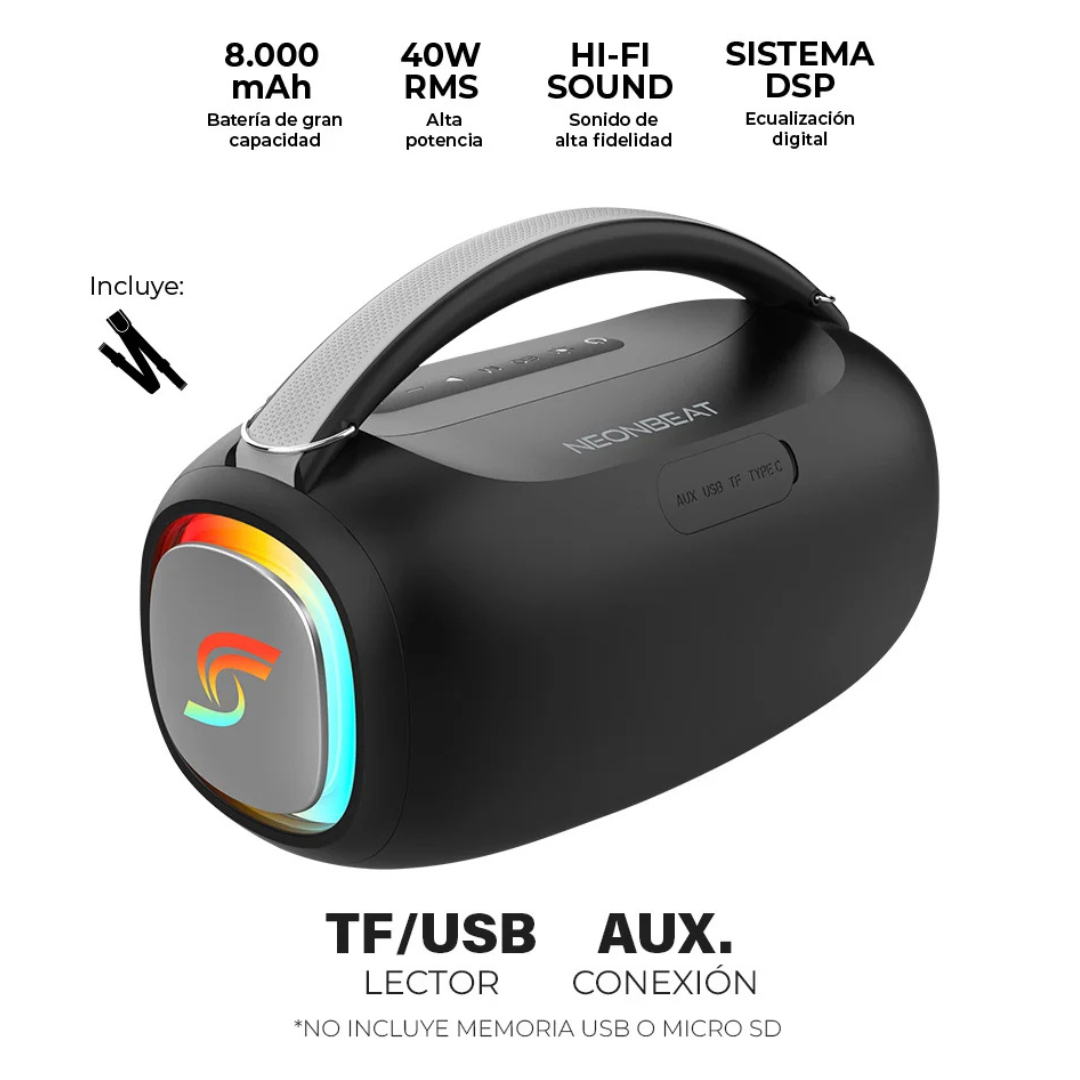 Parlante Bluetooth J&R NeonBeat J5284 40W RMS RGB IPX5
